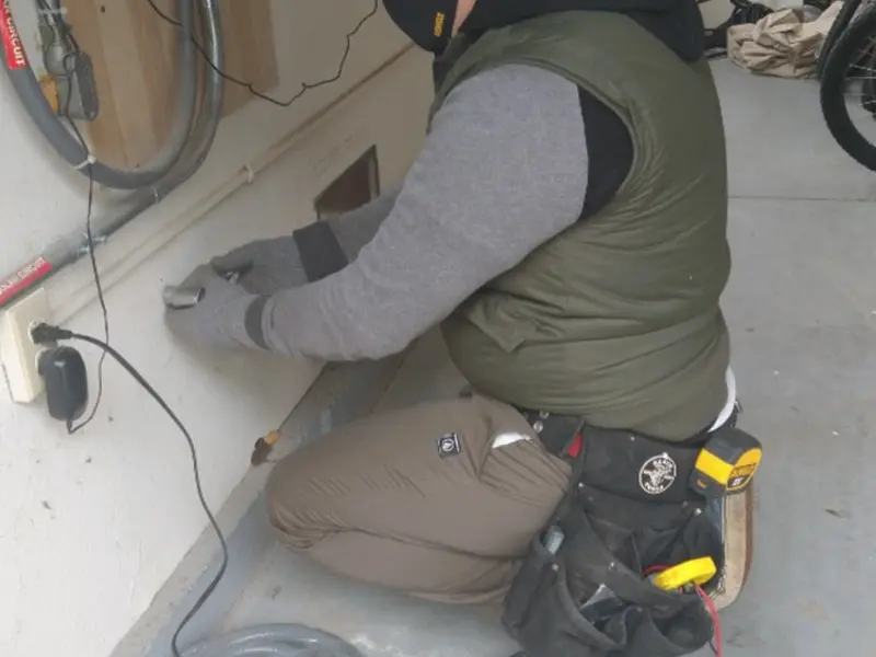 Electrician performing outlet wiring in a Rocky Hill garage